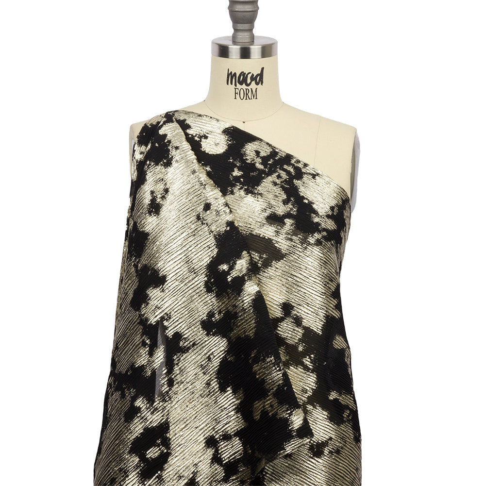 Polyester Chiffon Plisse with Abstract Gold Foiling - Black - Aralia Collection