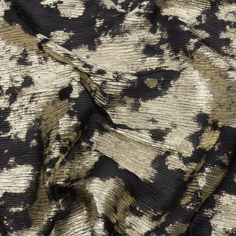Polyester Chiffon Plisse with Abstract Gold Foiling - Black - Aralia Collection