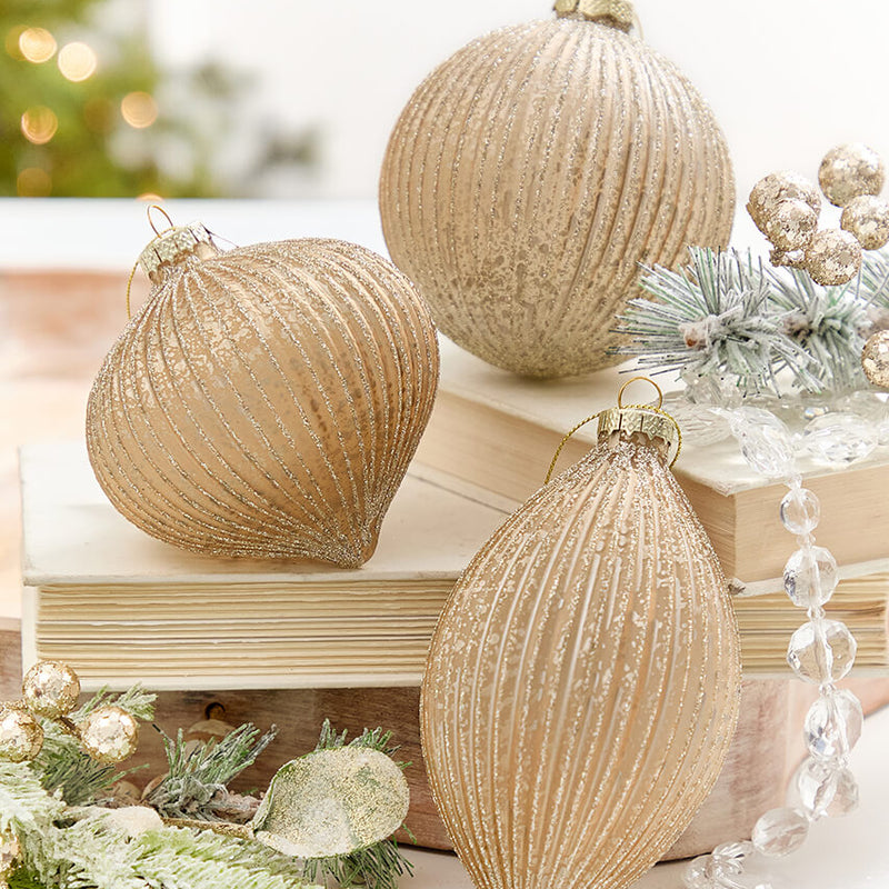 4" - 6" Champagne Glitter Ribbed Glass Ornament