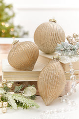 4" - 6" Champagne Glitter Ribbed Glass Ornament