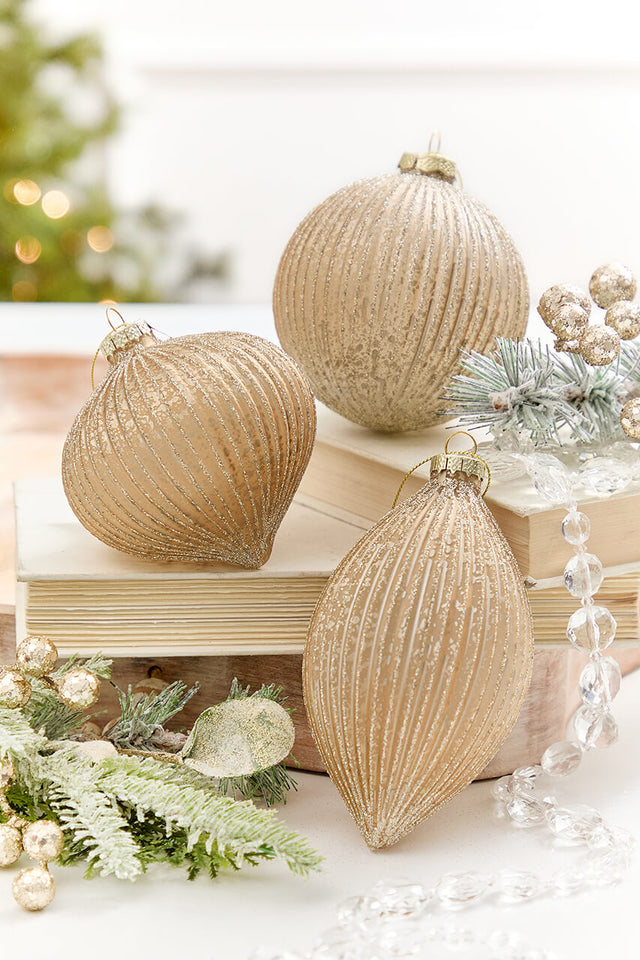 4" - 6" Champagne Glitter Ribbed Glass Ornament