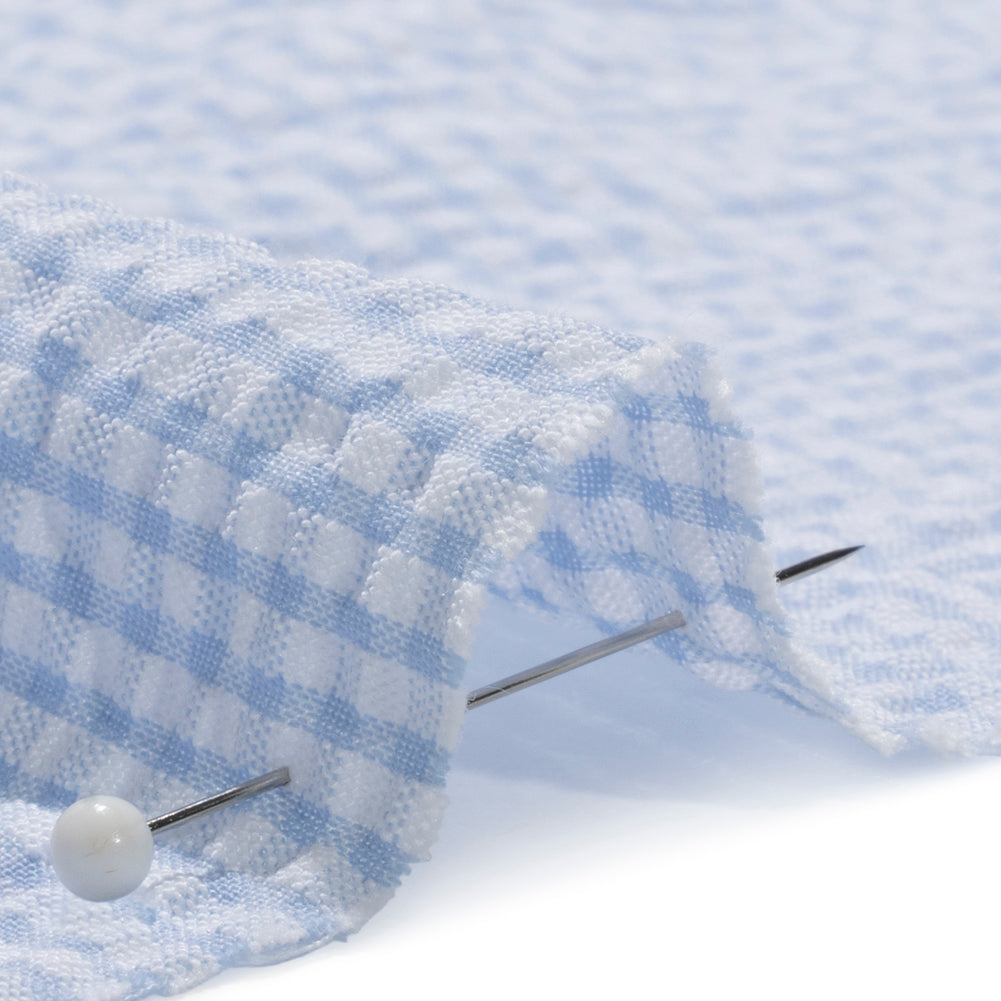 Polyester and Cotton Seersucker - Blue and White Checks - Wylie Collection