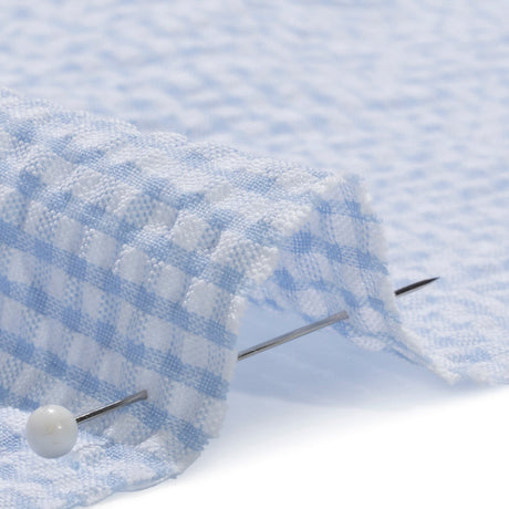 Polyester and Cotton Seersucker - Blue and White Checks - Wylie Collection