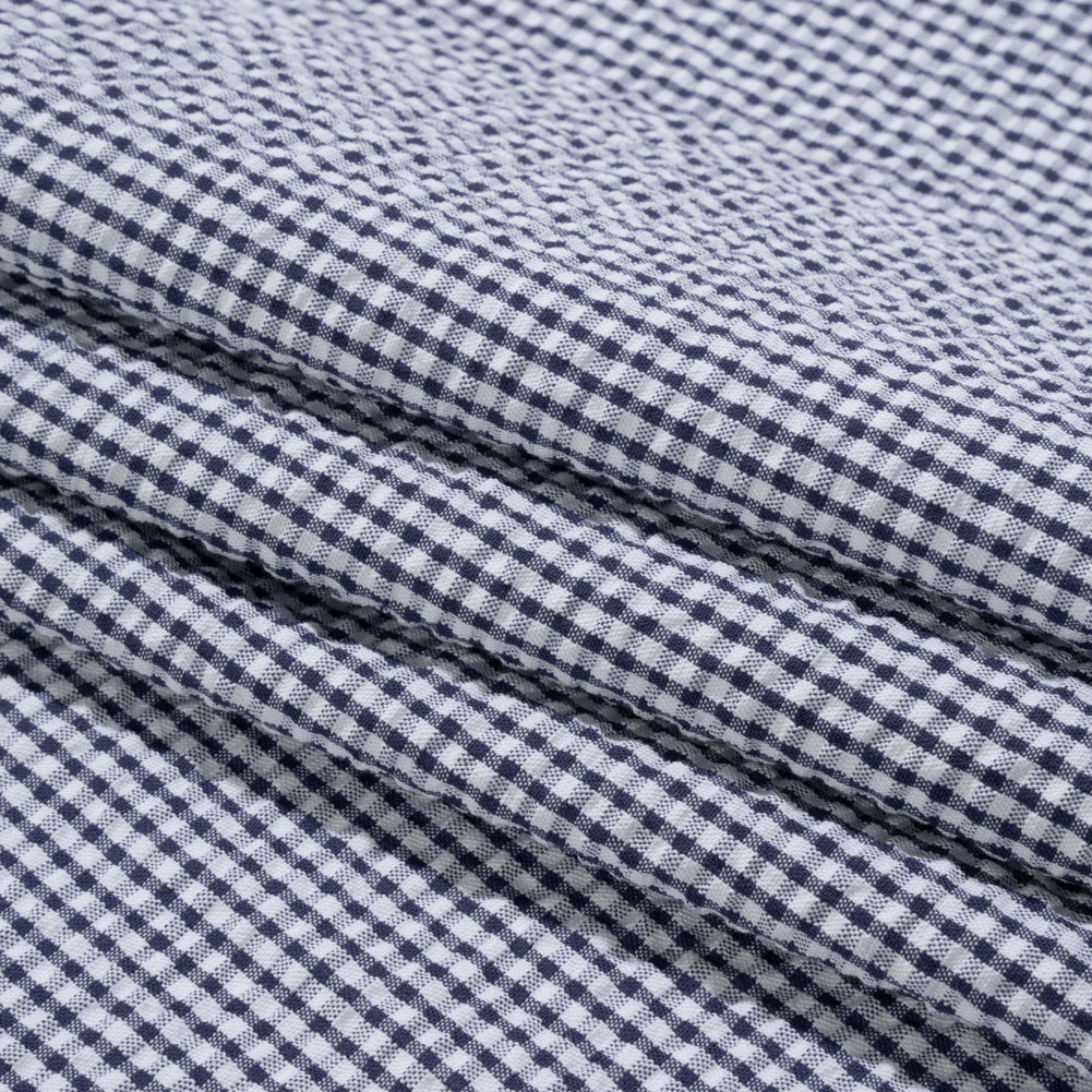 Polyester and Cotton Seersucker - Dark Blue and White Checks - Wylie Collection