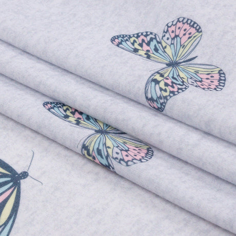 Heathered Gray, Pink and Blue Butterflies Recycled Polyester Interlock Knit