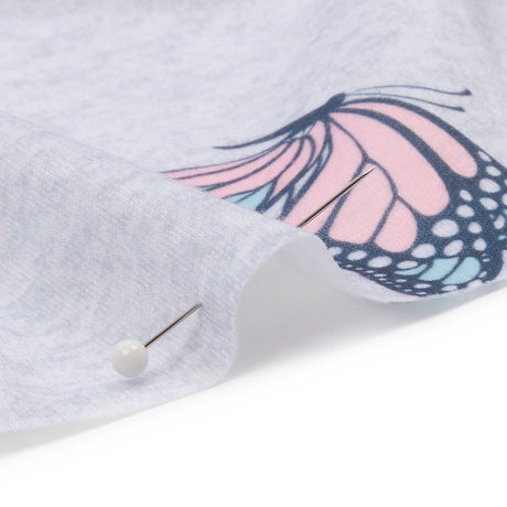 Heathered Gray, Pink and Blue Butterflies Recycled Polyester Interlock Knit