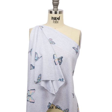 Heathered Gray, Pink and Blue Butterflies Recycled Polyester Interlock Knit