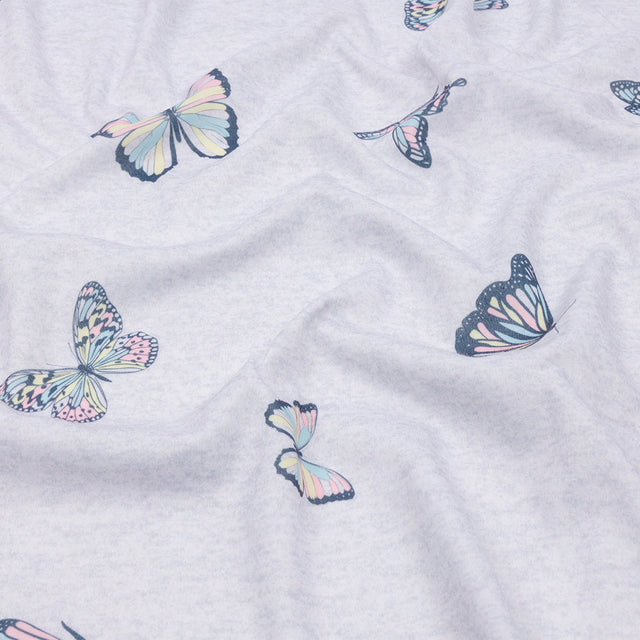 Heathered Gray, Pink and Blue Butterflies Recycled Polyester Interlock Knit