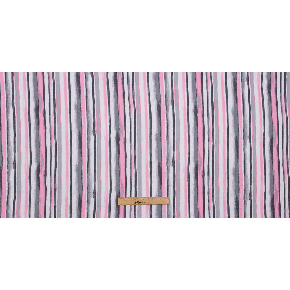 Pink, Gray and White Painterly Stripes Stretch Rayon Jersey