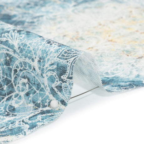 Blue and Beige Floral Lace Printed Lightweight Linen Woven