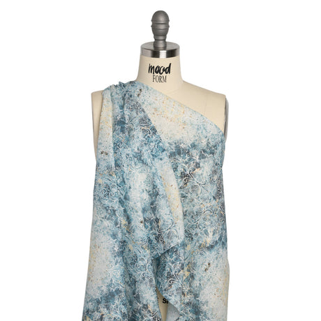 Blue and Beige Floral Lace Printed Lightweight Linen Woven