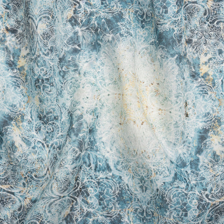 Blue and Beige Floral Lace Printed Lightweight Linen Woven