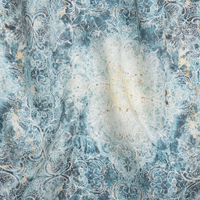 Blue and Beige Floral Lace Printed Lightweight Linen Woven