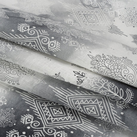 Black, Gray and White Diamonds and Flowers Lightweight Linen Woven