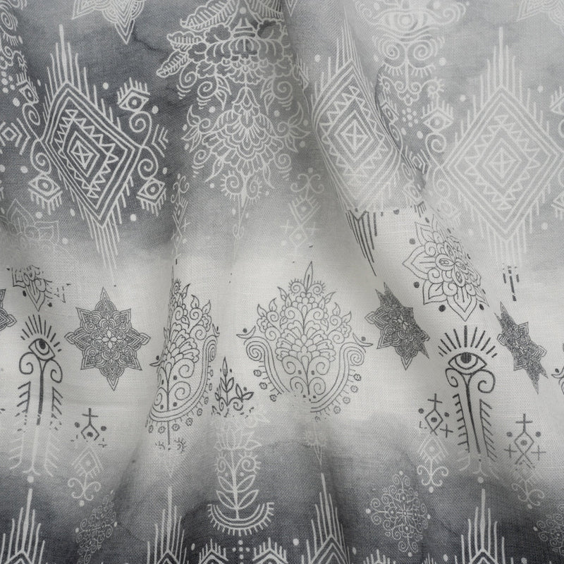Black, Gray and White Diamonds and Flowers Lightweight Linen Woven