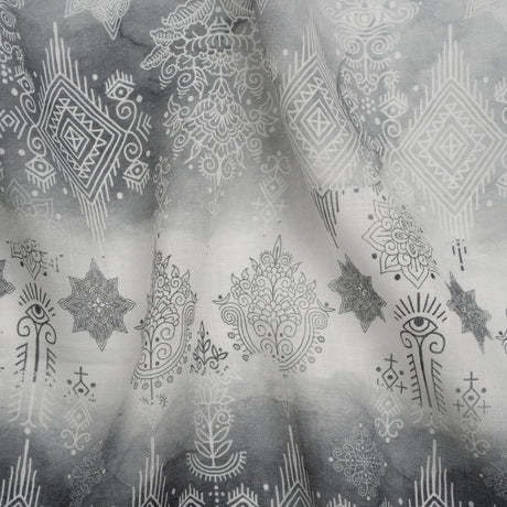 Black, Gray and White Diamonds and Flowers Lightweight Linen Woven