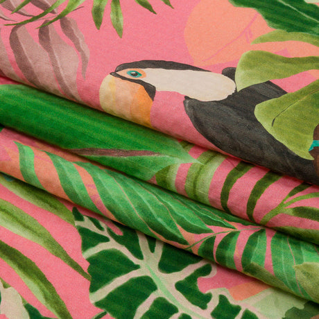 Cotton and Viscose Striped Seersucker Print - Pink Birds and Leaves - Mood Exclusive Birds of Paradise