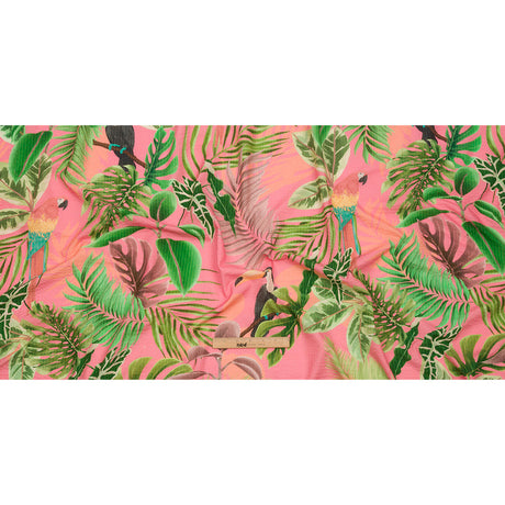 Cotton and Viscose Striped Seersucker Print - Pink Birds and Leaves - Mood Exclusive Birds of Paradise
