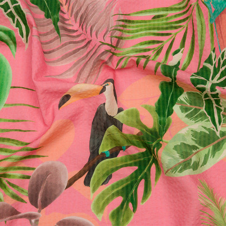 Cotton and Viscose Striped Seersucker Print - Pink Birds and Leaves - Mood Exclusive Birds of Paradise