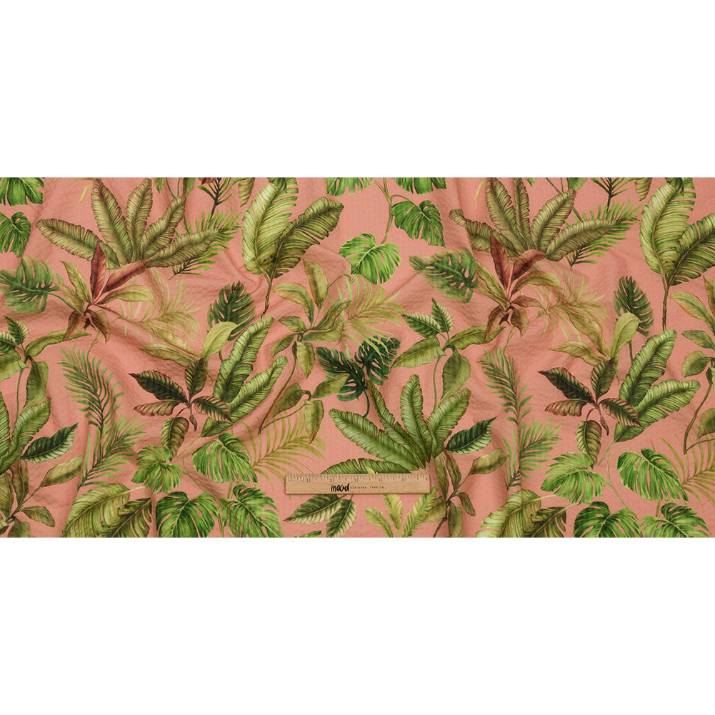 Cotton and Viscose Striped Seersucker Print - Pink Leaves - Mood Exclusive Tropic Royale