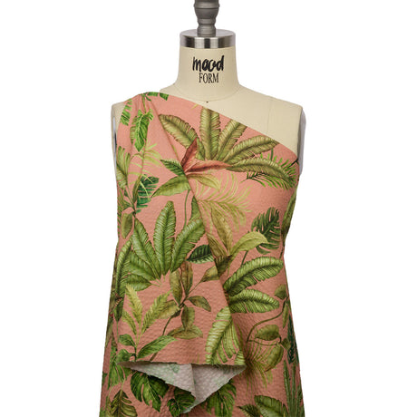 Cotton and Viscose Striped Seersucker Print - Pink Leaves - Mood Exclusive Tropic Royale