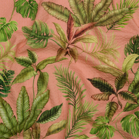 Cotton and Viscose Striped Seersucker Print - Pink Leaves - Mood Exclusive Tropic Royale