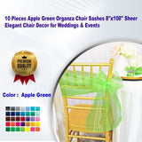 10 Pieces Apple Green Organza Chair Sashes 8"x108" Sheer Elegant Chair Decor for Weddings & Events