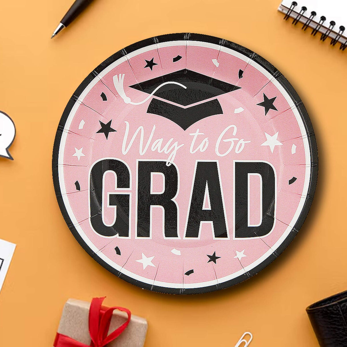 25 Count Pink Way to Go Grad Disposable Dessert Plates 7 1/4 Inch Graduation Supplies
