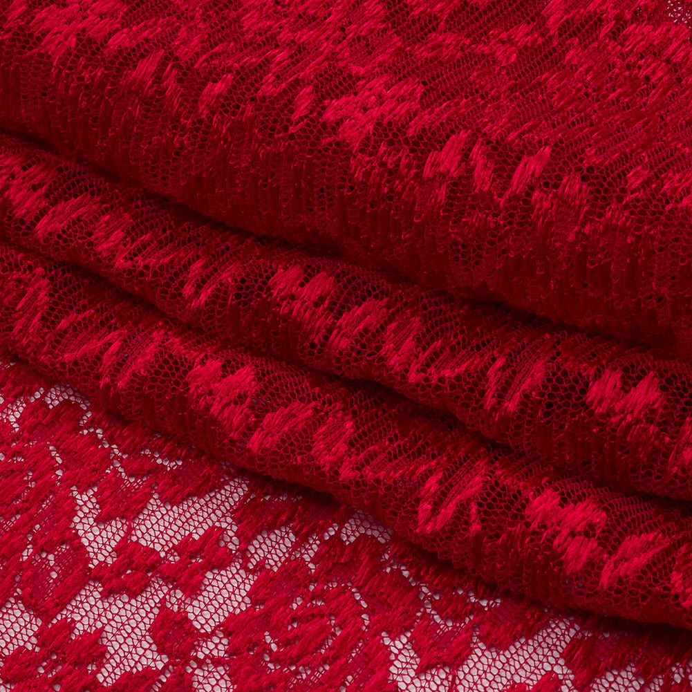 Red Floral Pleated Embroidered Lace with Scalloped Edges