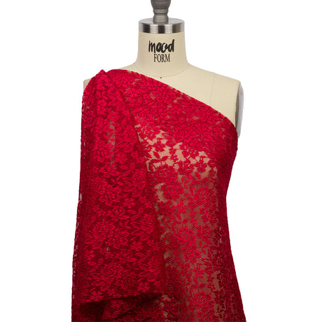 Red Floral Pleated Embroidered Lace with Scalloped Edges