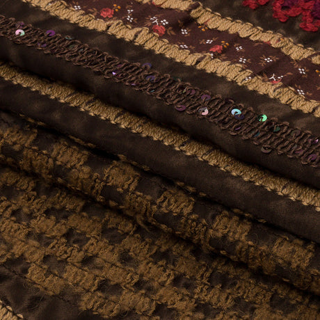Brown, Beige and Red Wool Boucle Embroidered Polyester Satin with Sequins and Floral Applique Stripes
