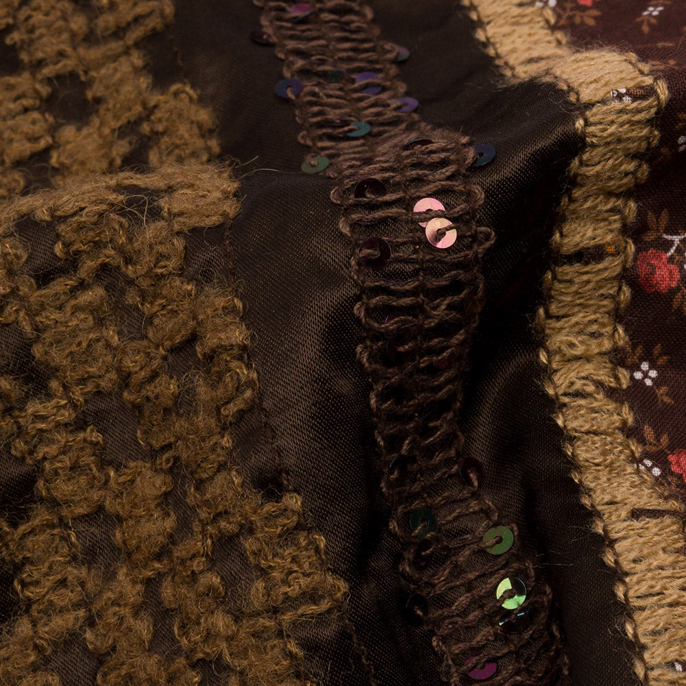 Brown, Beige and Red Wool Boucle Embroidered Polyester Satin with Sequins and Floral Applique Stripes