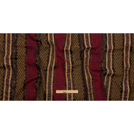 Brown, Beige and Red Wool Boucle Embroidered Polyester Satin with Sequins and Floral Applique Stripes