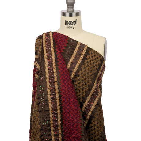 Brown, Beige and Red Wool Boucle Embroidered Polyester Satin with Sequins and Floral Applique Stripes