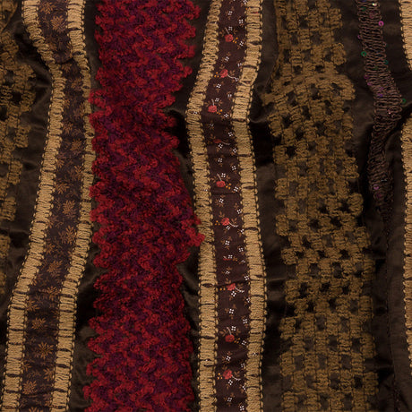 Brown, Beige and Red Wool Boucle Embroidered Polyester Satin with Sequins and Floral Applique Stripes
