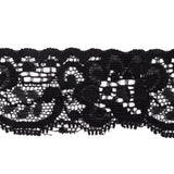 Famous NYC Designer Black Flowers and Swirls Scalloped Stretch Re-Embroidered Lace Trim - 1.375"