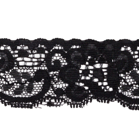 Famous NYC Designer Black Flowers and Swirls Scalloped Stretch Re-Embroidered Lace Trim - 1.375"