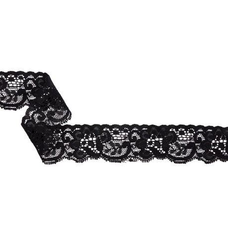 Famous NYC Designer Black Flowers and Swirls Scalloped Stretch Re-Embroidered Lace Trim - 1.375"