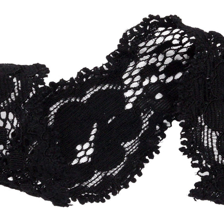 Black Floral and Scalloped Stretch Corded Lace Trim - 1.25"