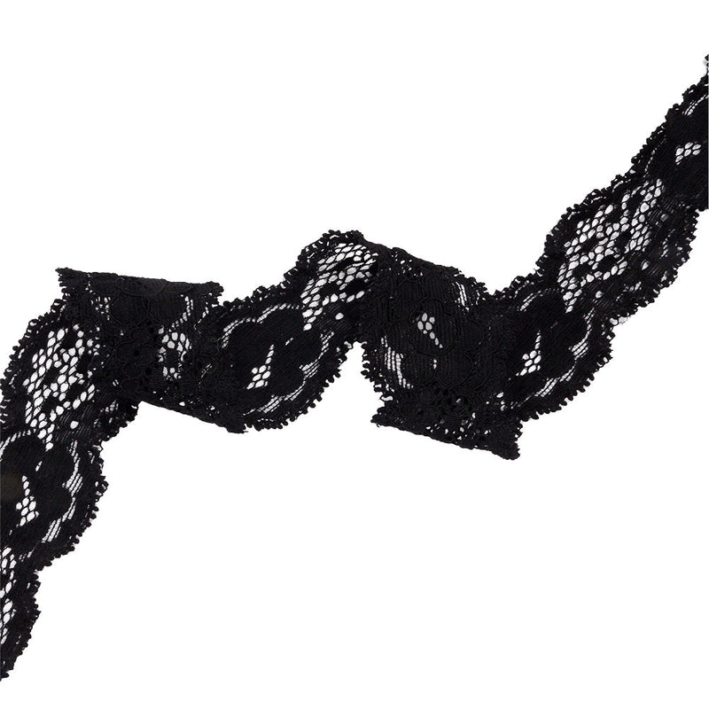 Black Floral and Scalloped Stretch Corded Lace Trim - 1.25"