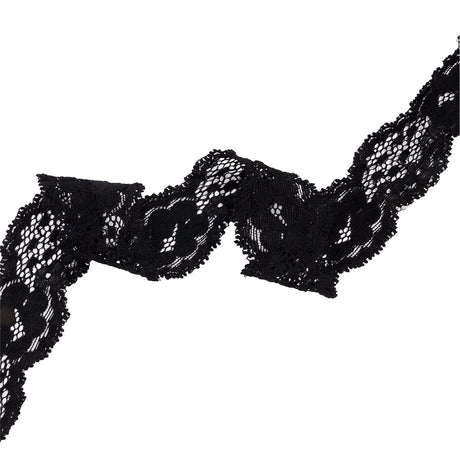 Black Floral and Scalloped Stretch Corded Lace Trim - 1.25"
