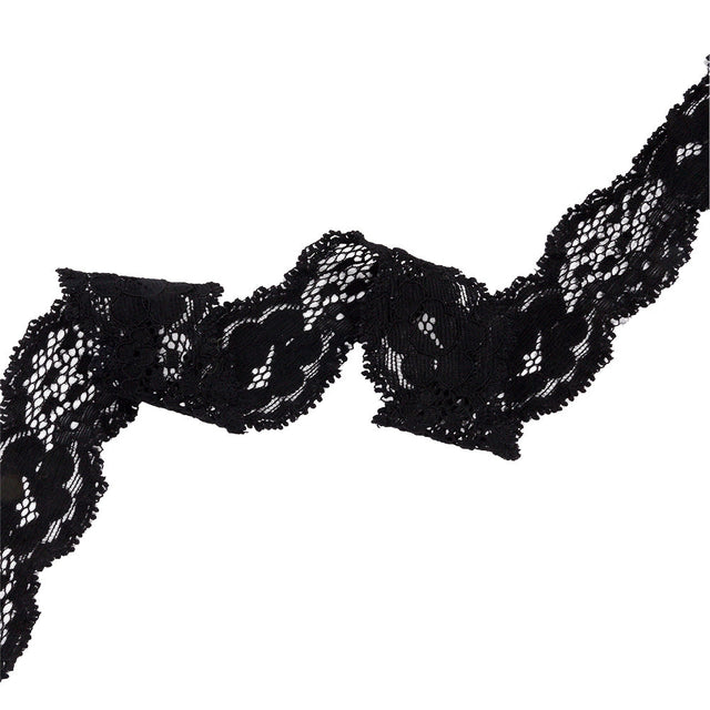 Black Floral and Scalloped Stretch Corded Lace Trim - 1.25"