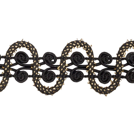 Famous NYC Designer Black and Metallic Gold Waves and Swirls Gimp Braided Trim - 1.25"