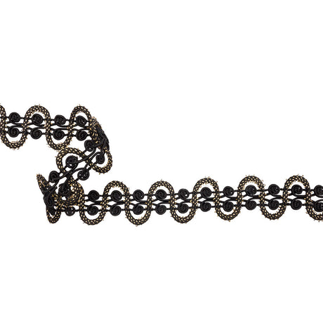 Famous NYC Designer Black and Metallic Gold Waves and Swirls Gimp Braided Trim - 1.25"