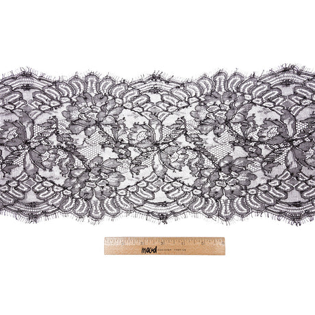 Black Flowers and Scallops Re-Embroidered Lace Trim with Eyelash Fringe - 8"