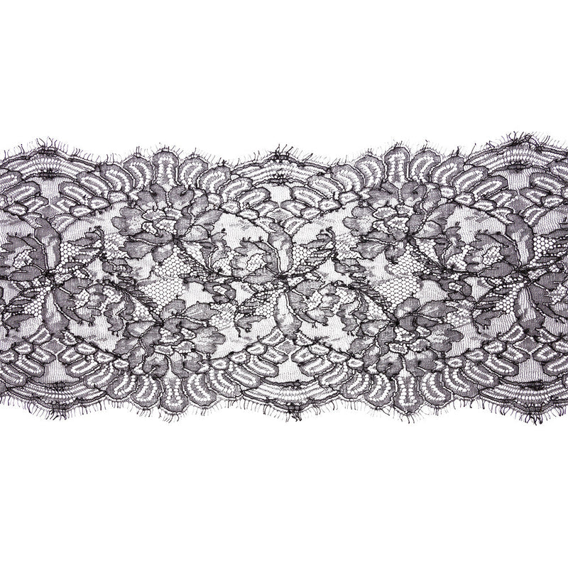 Black Flowers and Scallops Re-Embroidered Lace Trim with Eyelash Fringe - 8"