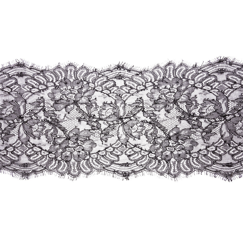 Black Flowers and Scallops Re-Embroidered Lace Trim with Eyelash Fringe - 8"
