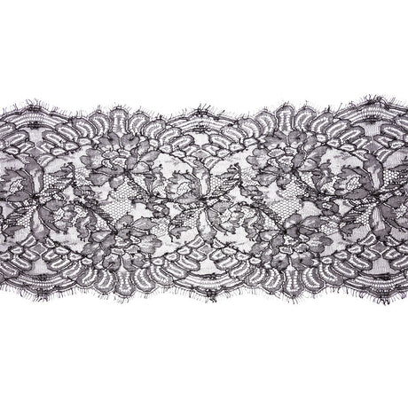 Black Flowers and Scallops Re-Embroidered Lace Trim with Eyelash Fringe - 8"