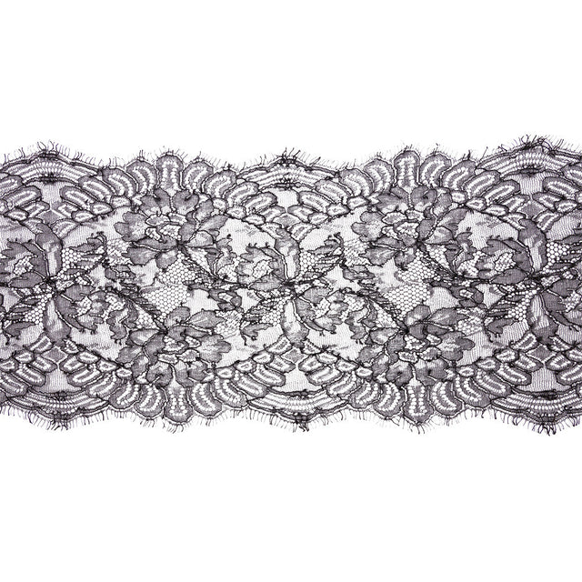 Black Flowers and Scallops Re-Embroidered Lace Trim with Eyelash Fringe - 8"