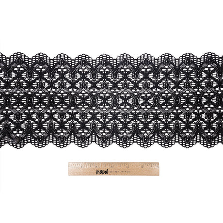Midnight Crosses and Arches Stretch Lace Trim with Scalloped Edges - 6.5"